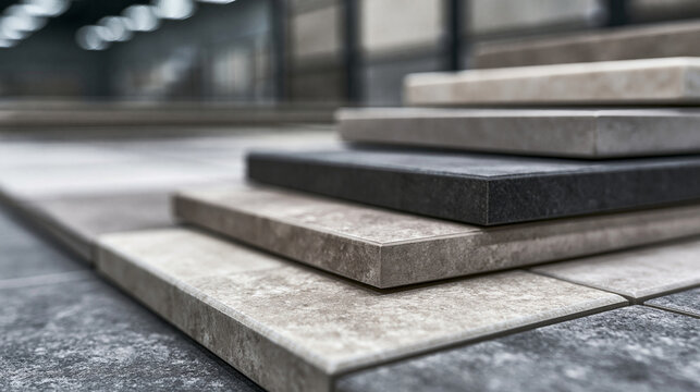 A neat display of various floor and wall tiles in a showroom. Ideal for interior design and home improvement projects.