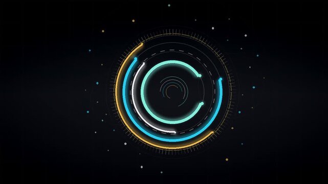 Futuristic circular HUD design with glowing neon interface lines on a dark background for digital technology