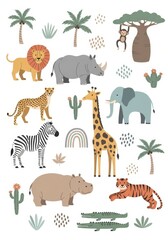 Obraz premium Cute African Safari Animal Collection with Lion Elephant Giraffe Zebra and Tropical Plants for Nursery Decor and Kids Design