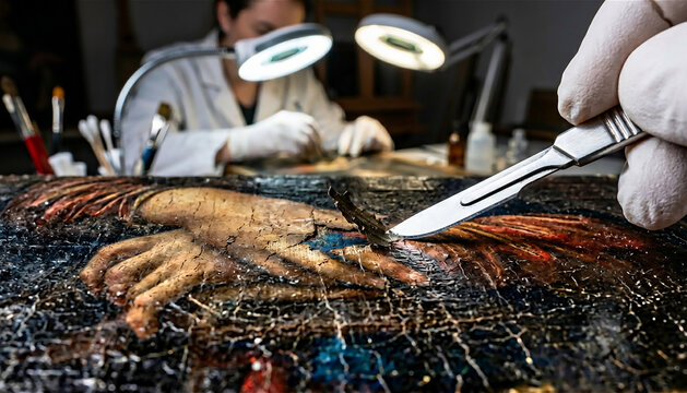 Close up of a scalpel in use for restoration work on an ancient painting in an art studio