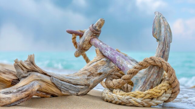 Weathered wooden anchor with thick rope on sandy beach near water shore