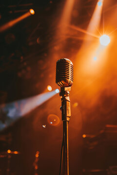 Vintage microphone on stage with dramatic lighting. Generative AI image