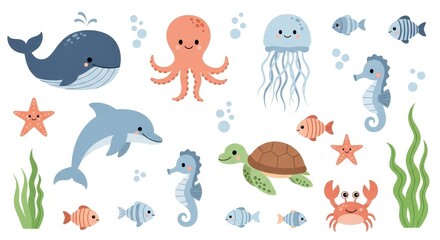 Fototapeta premium Cute Cartoon Sea Animals Vector Set with Whale, Octopus, Dolphin, Turtle, and Fish for Kids Design