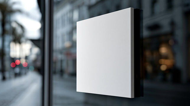 A blank square storefront sign mockup mounted on a glass window in a city street. Ideal for corporate branding and retail advertisement design concepts.