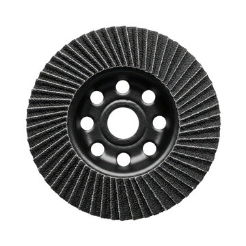 Close-up of a black grinding disc on a tool