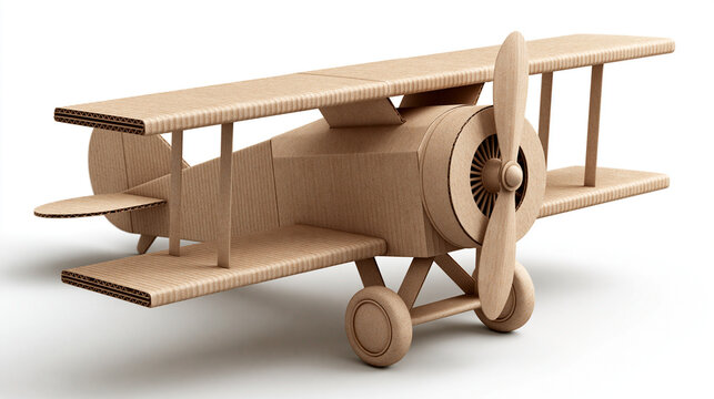 A detailed cardboard biplane model with a propeller isolated on white background. Perfect for creative childhood and craft concepts.