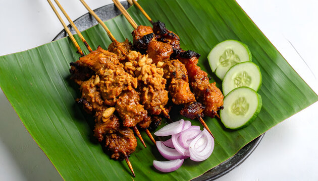 Delicious Chicken Satay Skewers Served on Banana Leaf with Cucumber and Onion.