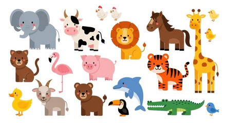 Obraz premium Large Collection of Cute Cartoon Animals Vector Illustration Set for Kids Education and Design Projects