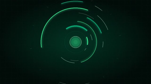 Abstract digital technology interface with glowing green concentric circles and futuristic HUD data elements