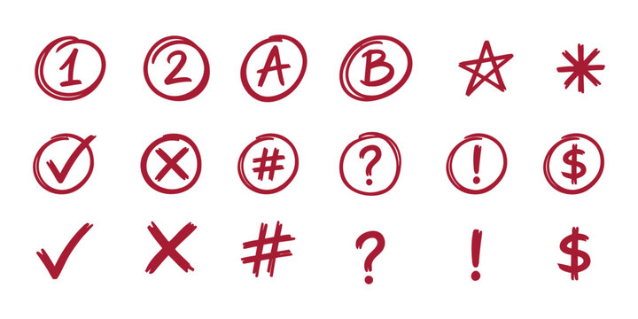 Hand drawn red marker teacher grading marks set with circled numbers letters checkmark cross hashtag question mark star icons vector