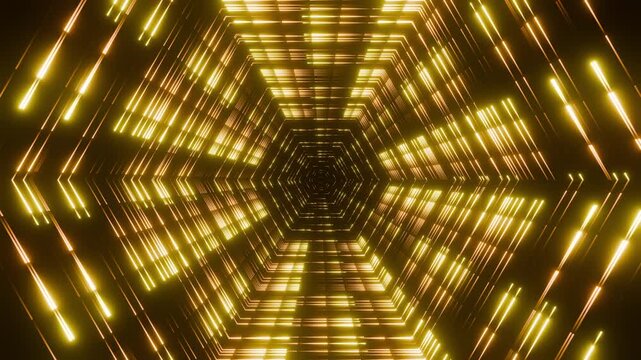 Luxury seamless loop animation of golden glowing dots forming a geometric hexagon tunnel, premium infinite zoom laser beam backdrop 3d render