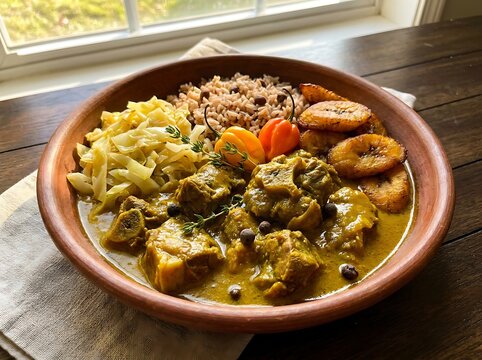 Delicious stewed oxtail meal with rice and fried plantains served in a rustic clay bowl