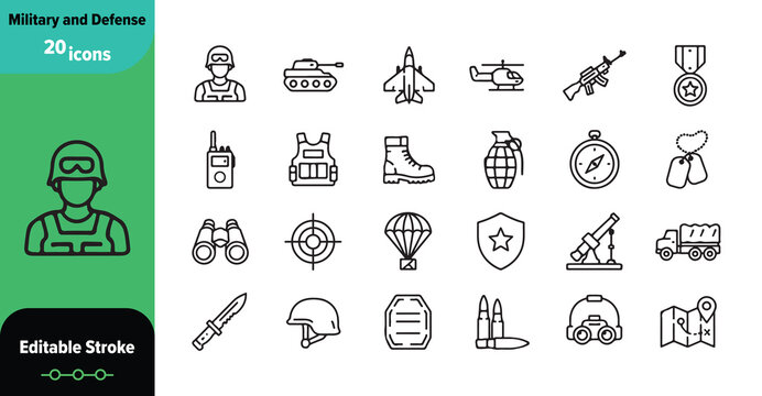 Military and Defense Outline Icon Set with Soldier, Tactical Equipment, Weapons and Security Symbols