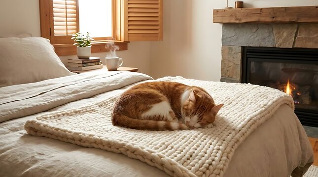Ginger cat sleeping on cozy knit blanket by fireplace.