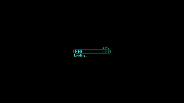 Blue Animation 0 to 100%  Loading Progress Bar Motion Graphic with Percentage Counter and Chevron Arrows on black Background for Web Interface, Download, System Processing, and  Design stock  video.