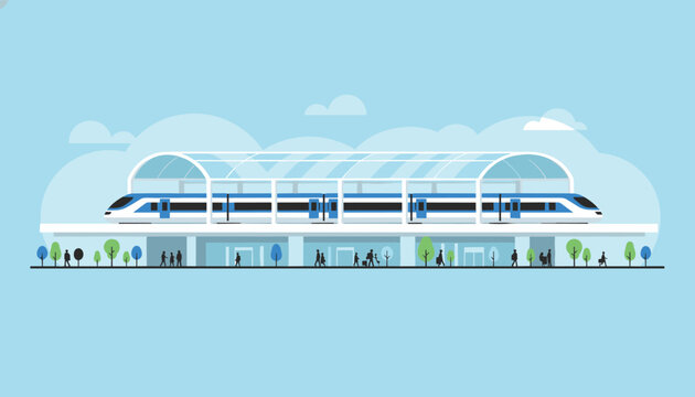 Modern city train station with a high-speed express train and silhouettes of passengers walking on the platform.