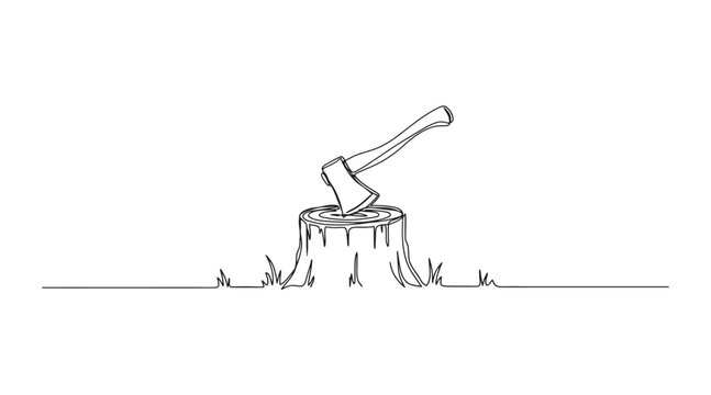 Continuous line drawing of a sharp axe embedded in a wooden tree stump with forestry