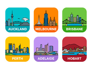 Obraz premium Australian City Landmark Badge Collection Featuring Auckland, Melbourne, Brisbane, Perth, Adelaide and Hobart Vector Illustration