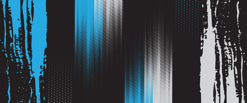 Abstract dark sports background with blue and white halftone dots and diagonal grunge brush strokes vector.