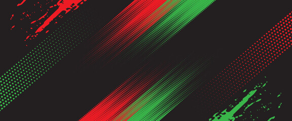 Abstract dark sports background with red and green halftone dots and diagonal grunge brush strokes vector. © Hery