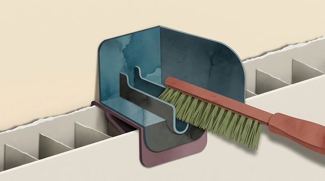 Cleaning brush scrubbing a blue plastic corner compartment on a wall