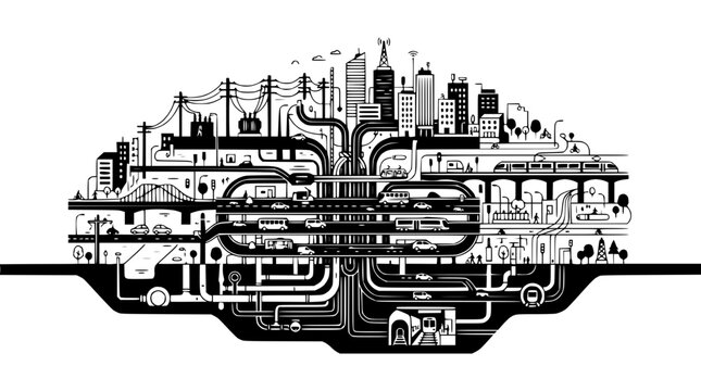 Complex Urban Infrastructure: Cityscape with Roads, Trains, and Underground Systems