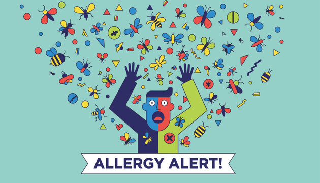 Terrified man panics as a huge swarm of colorful insects flies around him, warning viewers about seasonal allergy alerts.