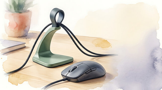 Desk cable management stand holding wires next to a computer mouse on a wooden table