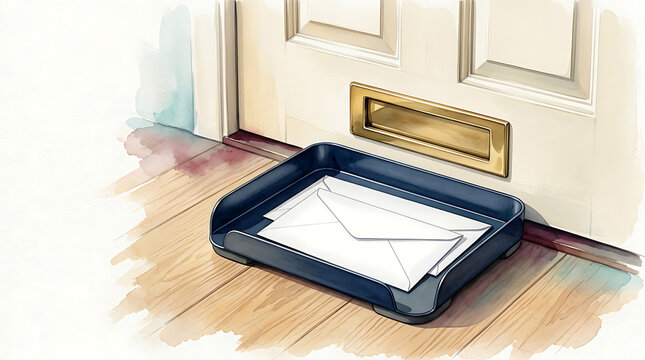 Envelope resting in a plastic mail tray placed on a wooden floor near a doorway
