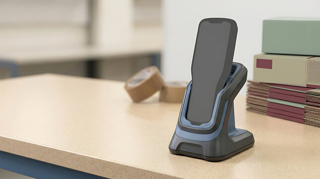 Handheld barcode scanner resting on a charging base station placed on a wooden office desk surface