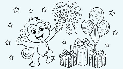 Fototapeta premium Happy cartoon monkey celebrating birthday with balloons and presents