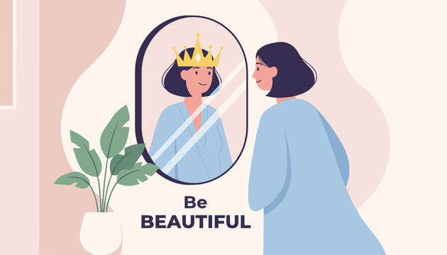 Young woman looking in a mirror and seeing her reflection wearing a golden crown, representing high self-esteem and inner beauty.
