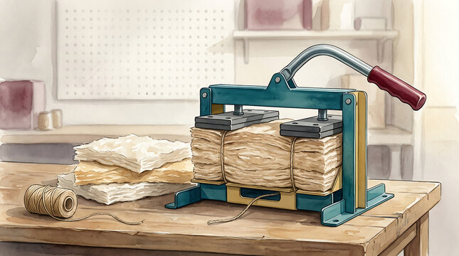 Manual paper press machine compressing a stack of sheets on a wooden workbench in a workshop