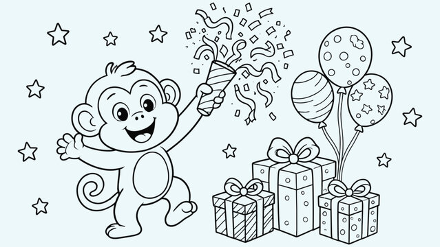 Happy cartoon monkey celebrating birthday with balloons and presents