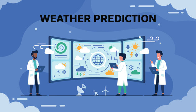 Group of meteorologists analyzing weather maps and satellite data on a large digital screen for accurate weather prediction.
