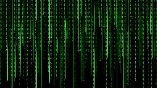 Cascading green digital code rain falling vertically on a black background, representing computer programming, matrix data stream, and cybersecurity concepts