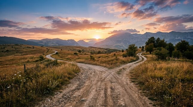 Dirt road fork in the mountains at sunset