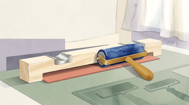 Printmaking brayer roller with a wooden handle resting on a flat surface with ink and paper
