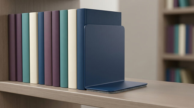Row of colorful books on a wooden shelf held up by a dark blue metal l-shaped bookend
