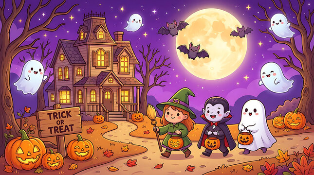 Cute cartoon halloween trick or treaters at spooky haunted house with trick or treat, jack o lantern