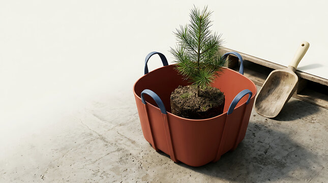 Small pine tree sapling in a terracotta tub with handles and a wooden scoop on concrete