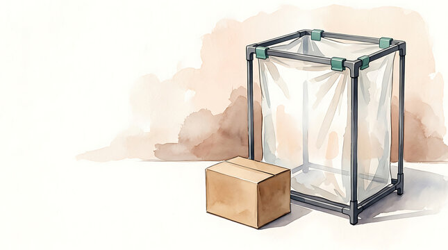 Watercolor of a collapsible laundry hamper frame and a cardboard box on