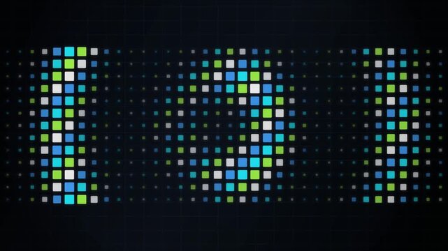 Digital pixel pattern background with abstract shapes in glowing green and blue colors