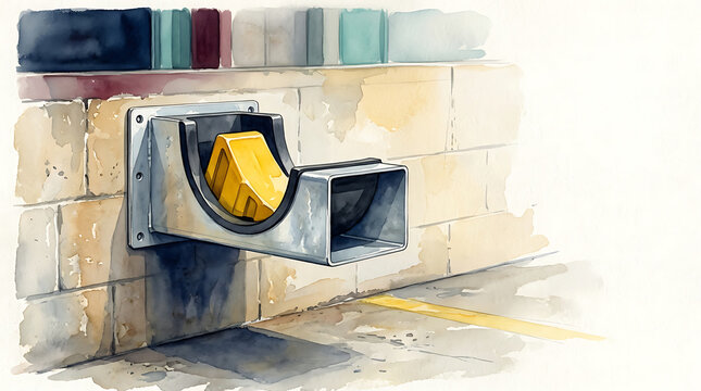 Watercolor of a metal wall-mounted wheel chock for heavy vehicles and equipment