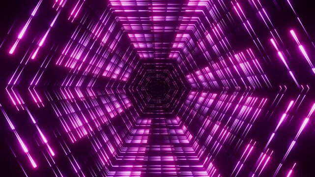 Elegant seamless loop animation of pink rose gold dots forming a geometric hexagon tunnel, infinite zoom neon laser beam fashion backdrop 3d render