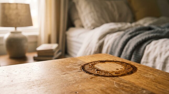 Dirty cup ring on bedside table in cozy bedroom setting  
