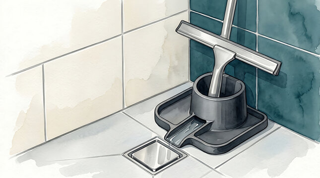 Watercolor of a squeegee in a holder next to a floor drain on tiled bathroom wall
