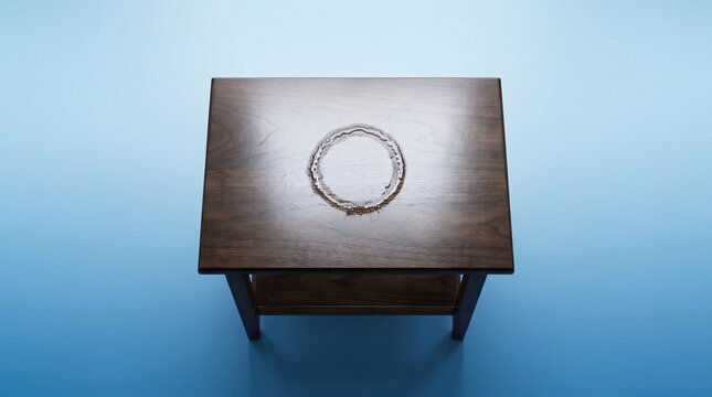 Dirty cup ring on bedside table with light blue background  