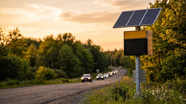 Solar-powered speed warning sign on roadside at sunset with cars  