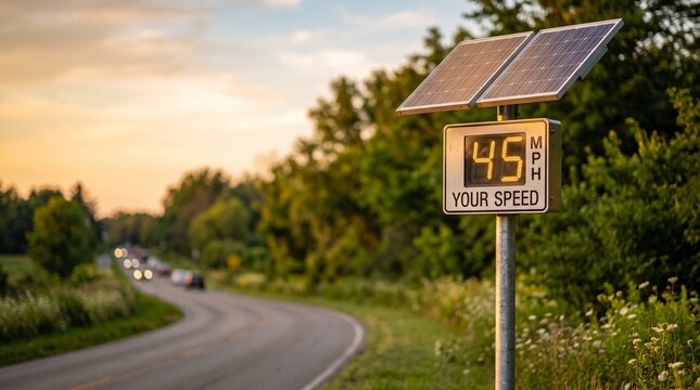 Solar-powered speed warning sign showing 45 MPH on roadside  